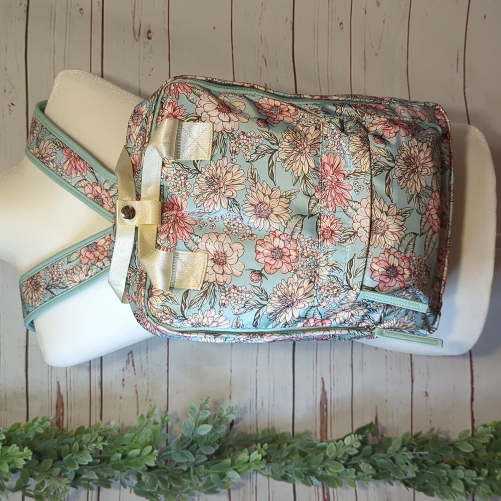 Chrysanthemum Floral Teal and Pink‎ Women's Backpack Purse Satin Feminine Girly